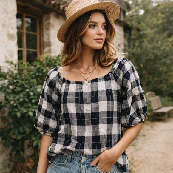 Cottagecore Puff Sleeve Gingham Plaid Off Shoulder Boho Top M - Picture 11 of 11